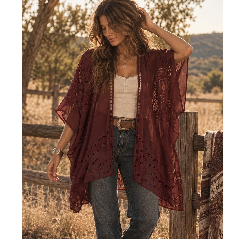 Beautiful Stories Anthropologie Kimono OS Burgundy Sheer Eyelet Flowy Ethereal